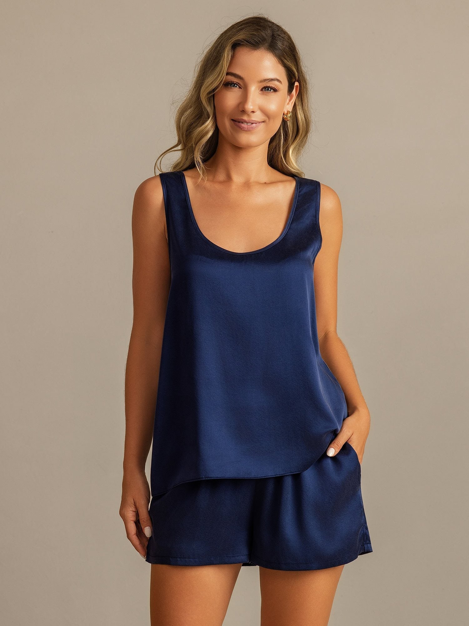 [BleuFoncé] SilkSilky-FR 19Momme Soie Womens Pajamas 001