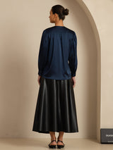 [Bleu Foncé] SilkSilky-FR 19Momme Long Sleeve Round Neck Blouse 002