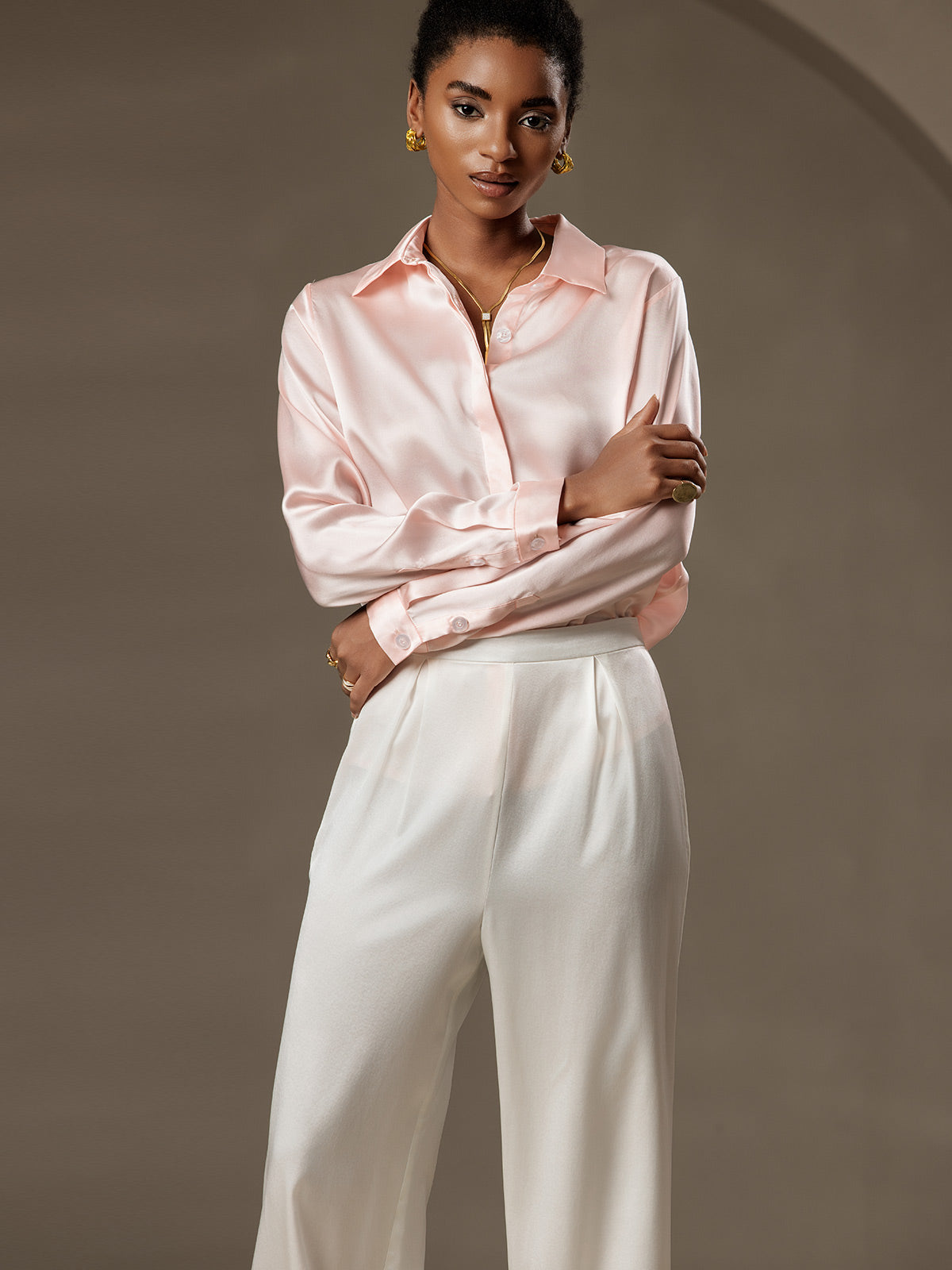 [Rose] SilkSilky-FR 19Momme Soie Lapel Collar Femme Chemise 006