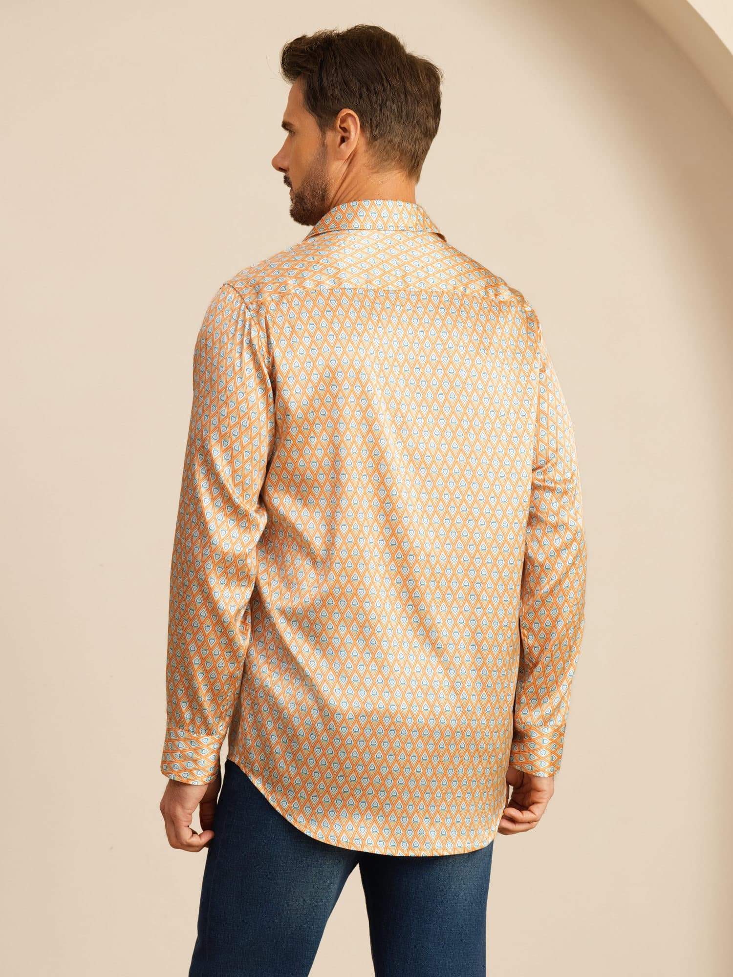 [Jaune Cœur Geo] SilkSilky-FR 19Momme Manches longues Col à Revers Homme Chemise 002