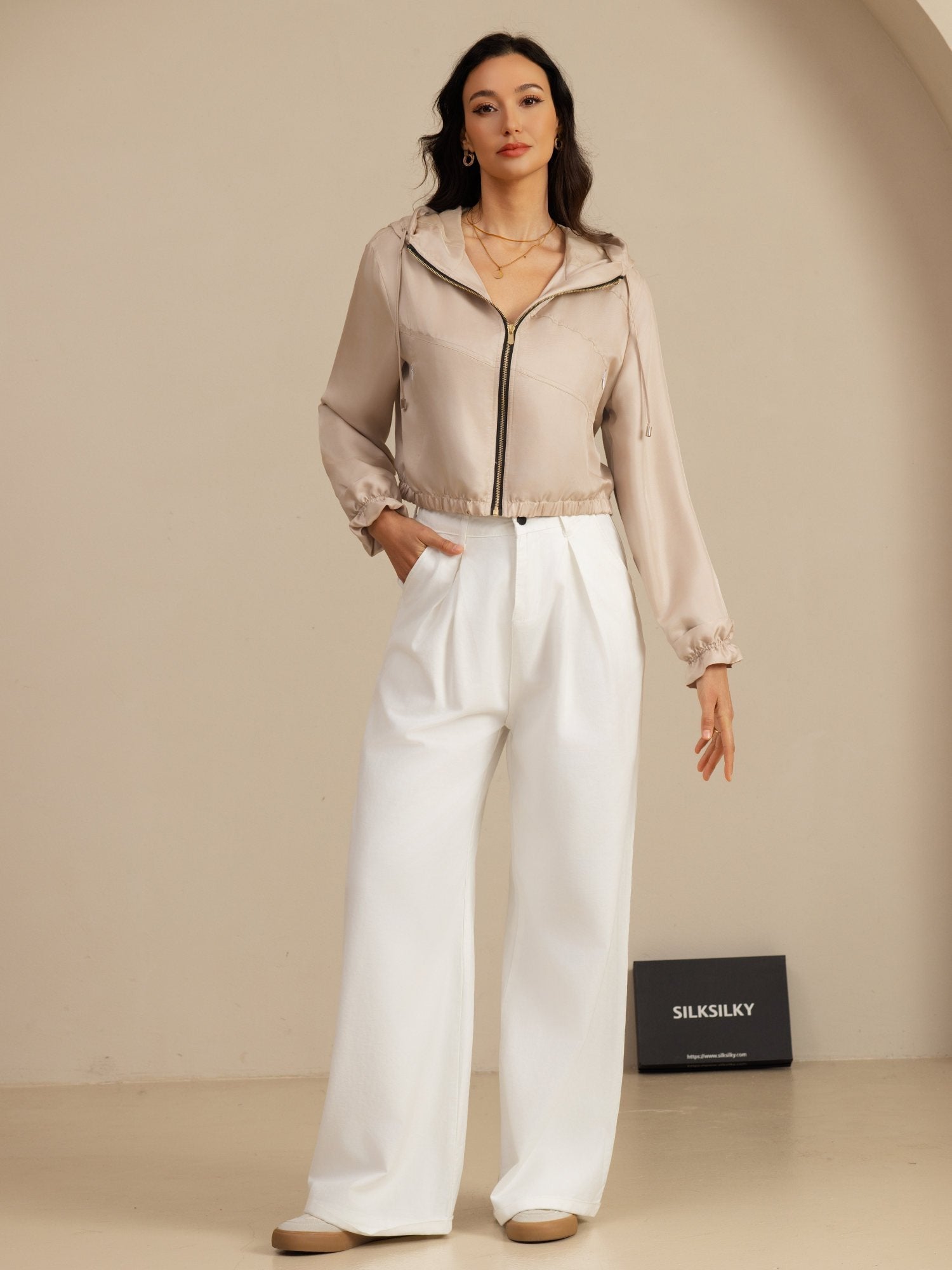 [Tan] SilkSilky-FR 18Momme Manches longues Col Haut Femme Manteaux 008