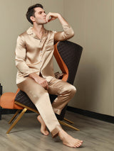 [Champagne] SilkSilky-FR Pure Soie Manches longues Revers Homme Pyjamas 005