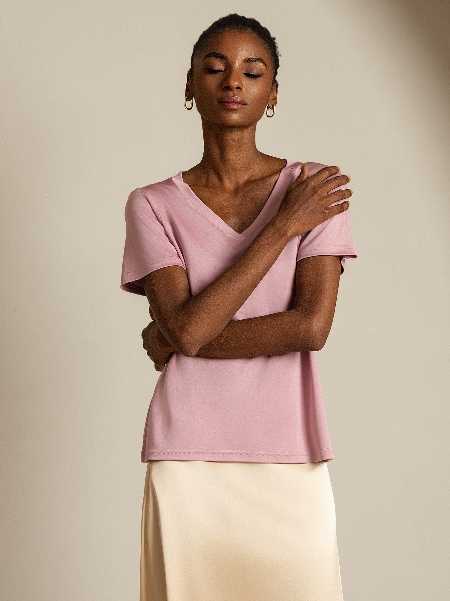 [MauvePâle] SilkSilky-FR Soie Womens T-Shirt 008