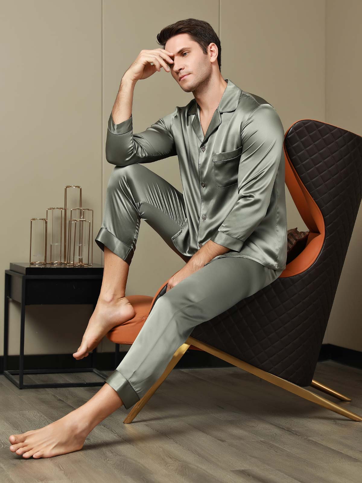 SilkSilky FR Pure Soie Manches longues Revers Homme Pyjamas VertGrisâtre 005