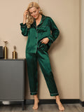 SilkSilky FR Pure Soie Manches longues Revers Femme Pyjamas Vert 005