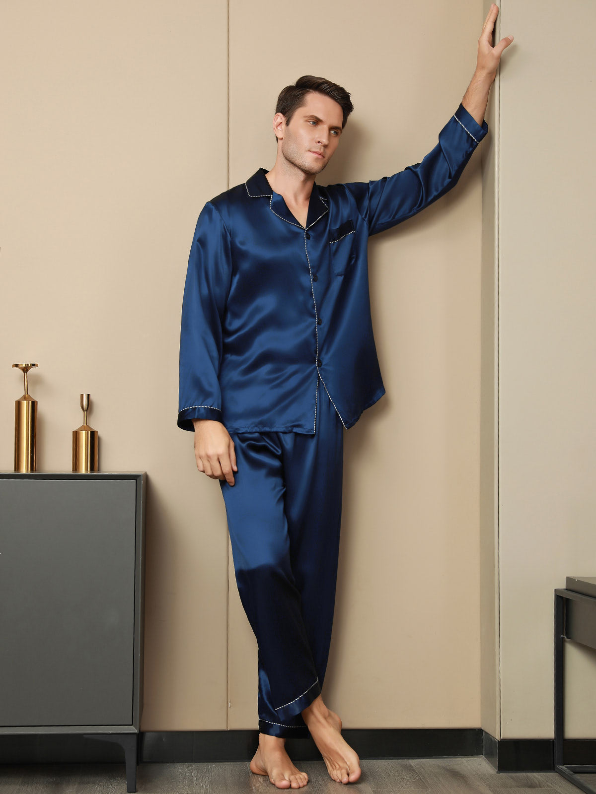 SilkSilky FR Pure Soie Manches longues Revers Homme Pyjamas BleuFoncé 003