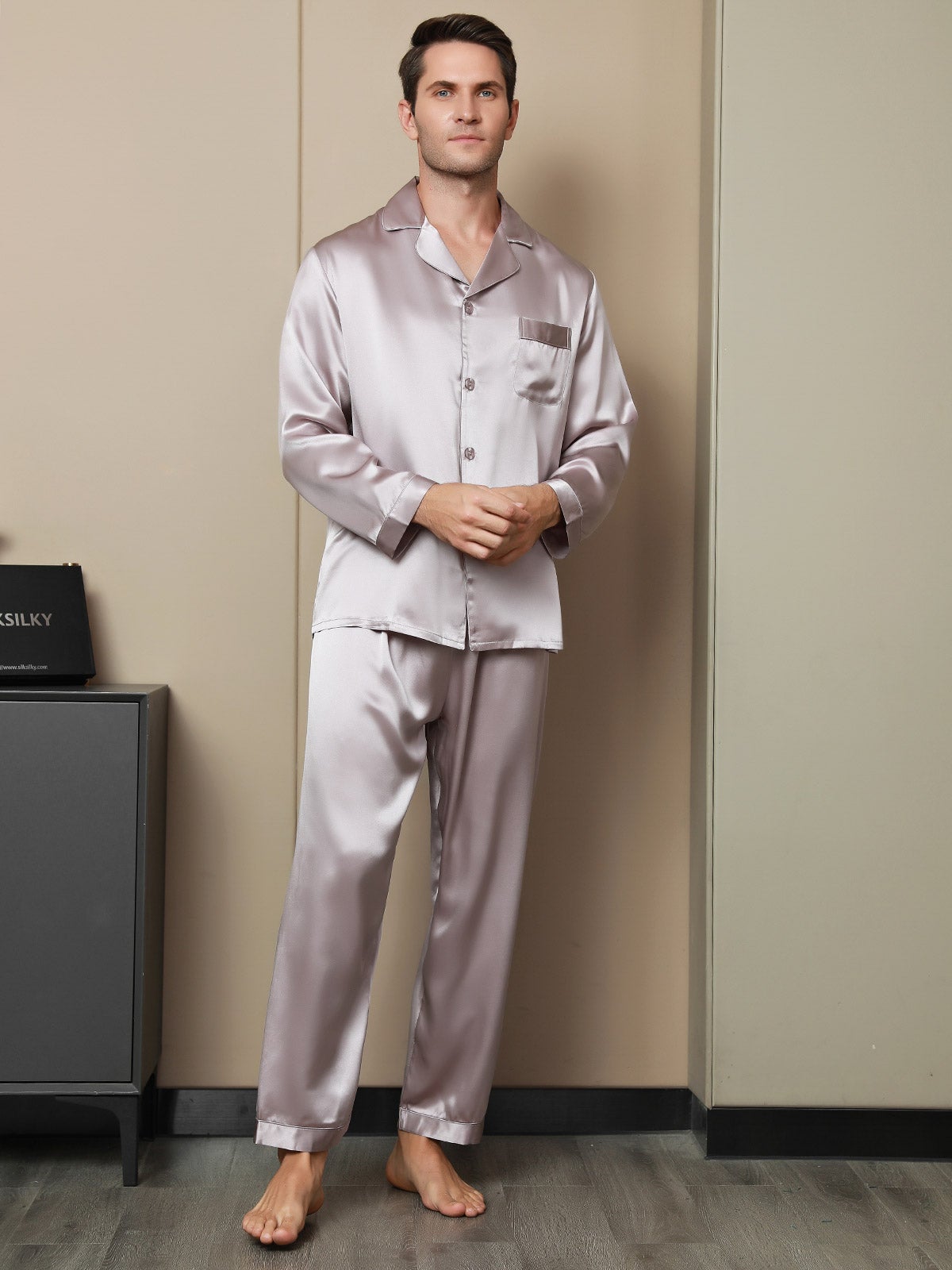 [Mauve Pâle] SilkSilky-FR 19Momme Pure Soie Mens Pajamas 004