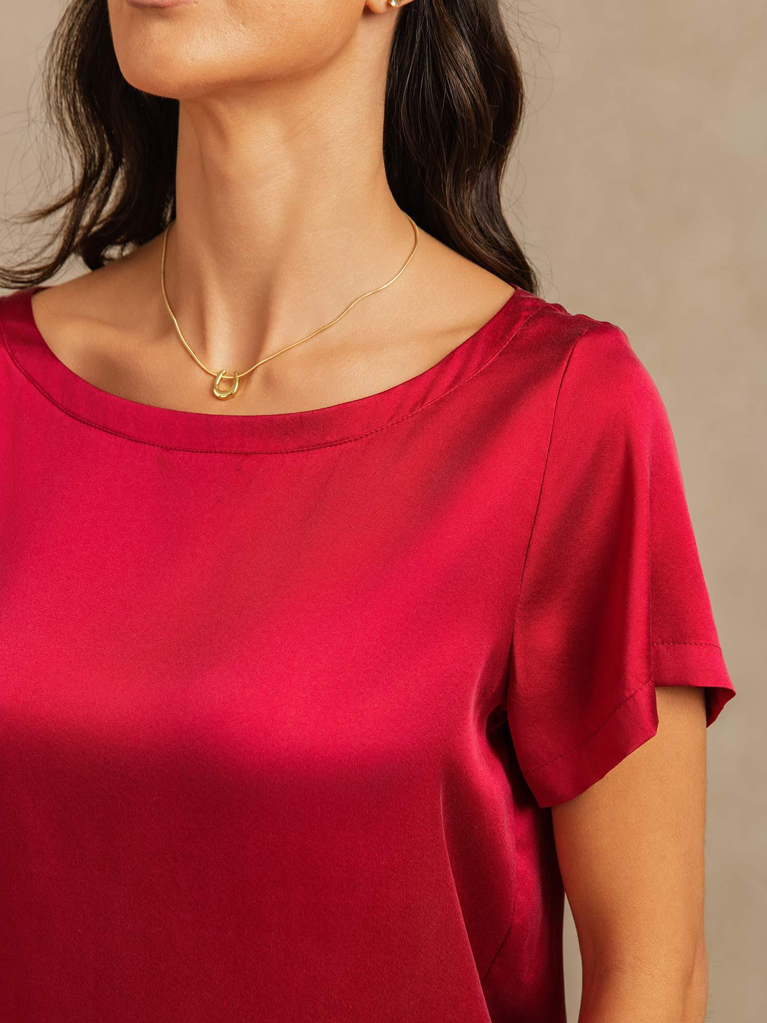 [Rouge Vineux] SilkSilky-FR 19Momme Soie Col Rond Femme Pyjamas 004,