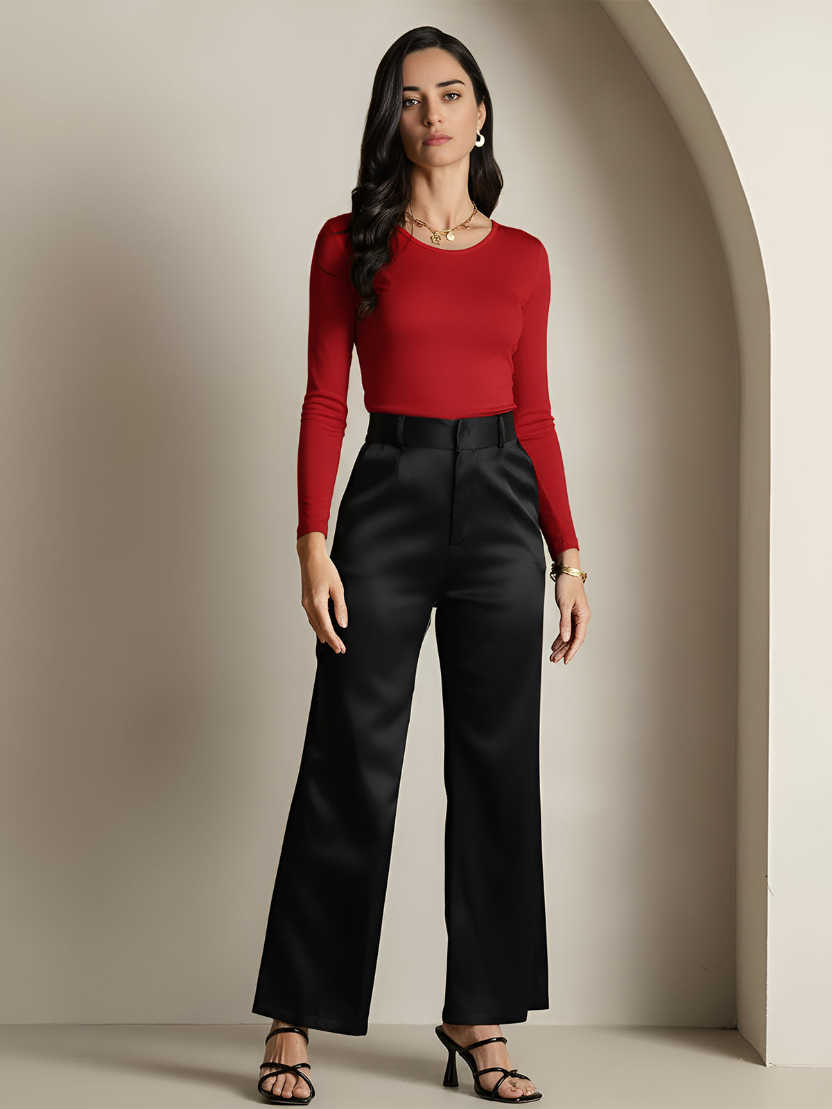 [Rouge Vineux] SilkSilky-FR Manches longues Col Rond Femme T-Shirt 007