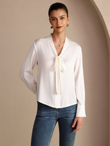 [Blanc] SilkSilky-FR Long Sleeve Tie Neck Blouse 003