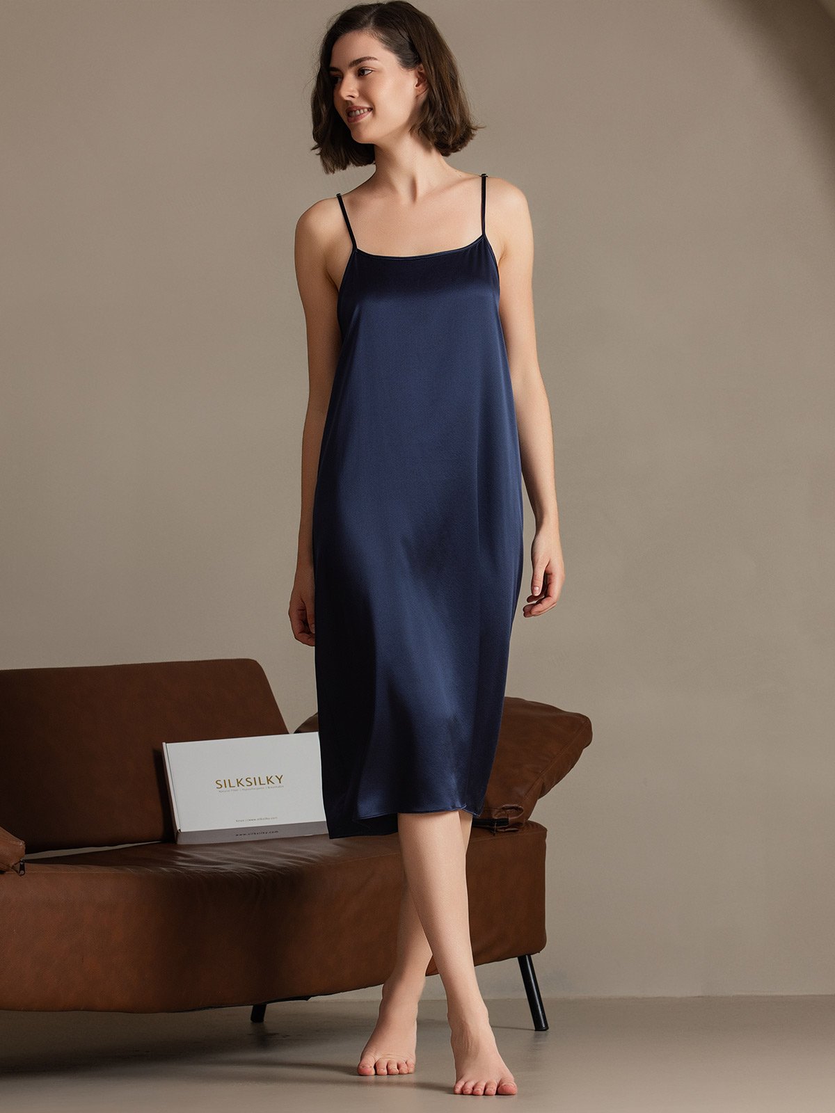 [Bleu Foncé] SilkSilky-FR 19Momme Soie Dress 007
