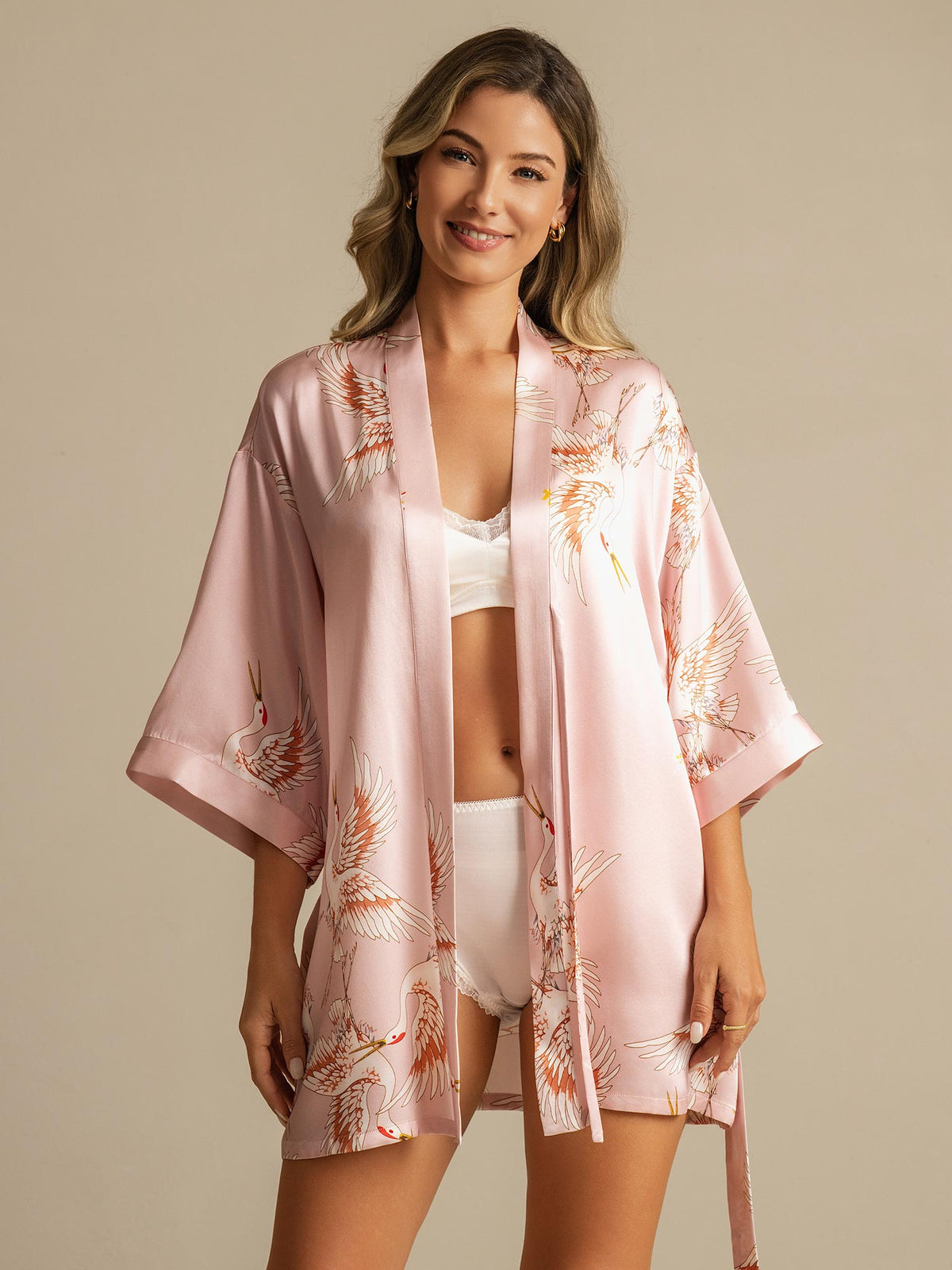 [Rose] SilkSilky-FR 3/4 Sleeve Femme Peignoir 001