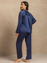 [Bleu Foncé] SilkSilky-FR 19Momme Manches longues Col Cranté Femme Pyjamas 002