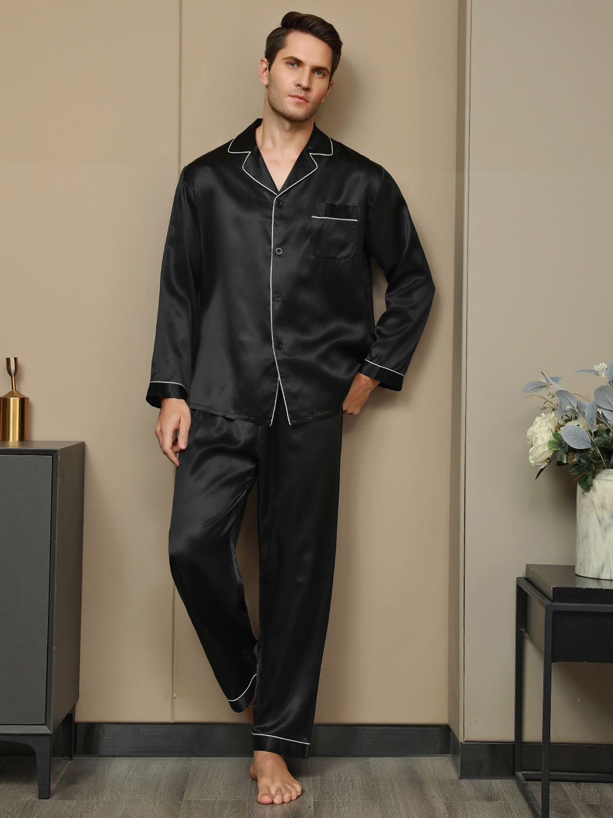 SilkSilky FR 19Momme Pure Soie Manches longues Revers Homme Pyjamas Noir 004