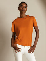 [Orange] SilkSilky-FR 100% Silk Jersey Short Sleeve Mock Neck Femme T-Shirt 005