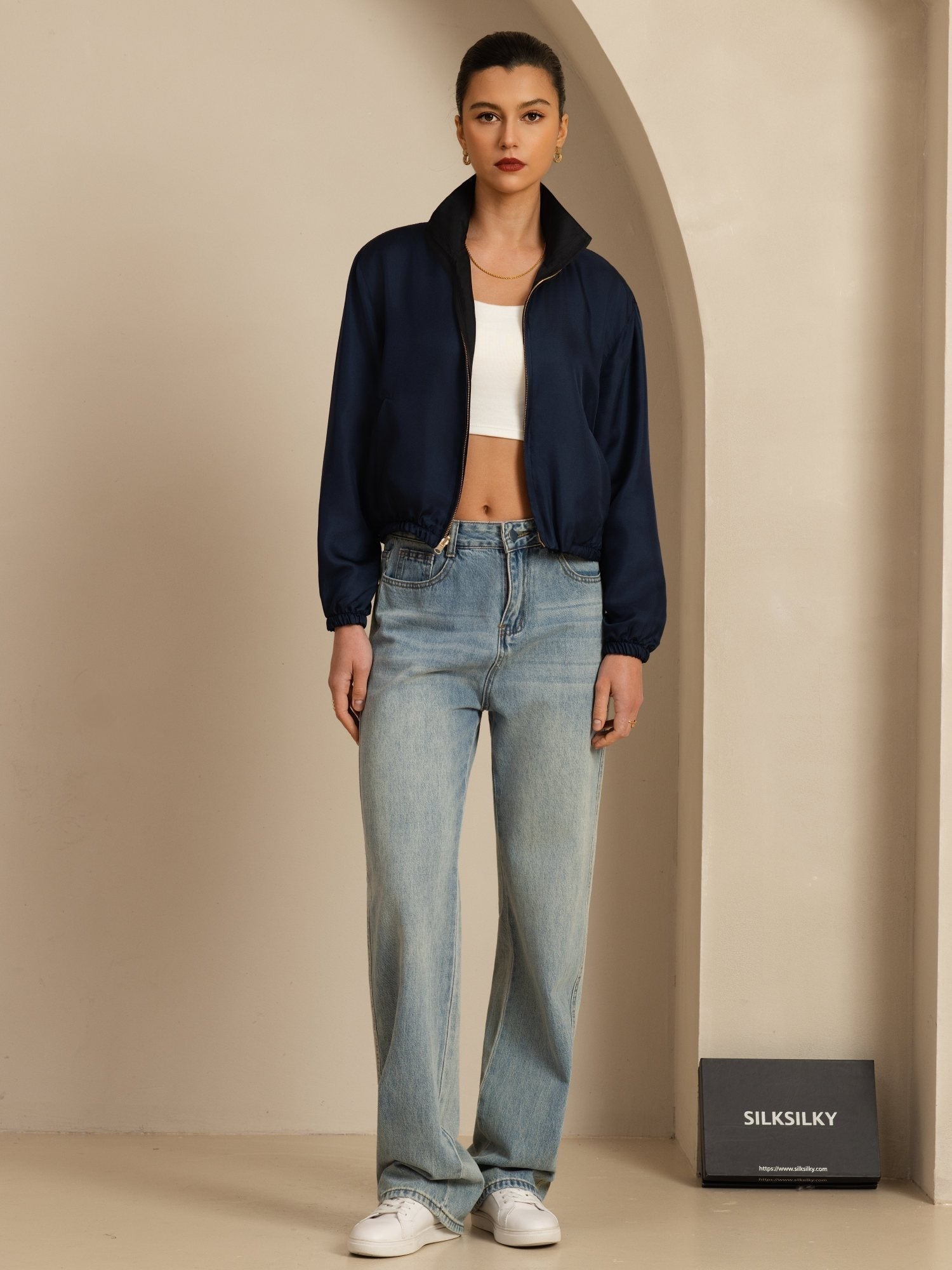 [Noir+BleuFoncé] SilkSilky-FR 18Momme Manches longues Col Montant Femme Manteaux 007