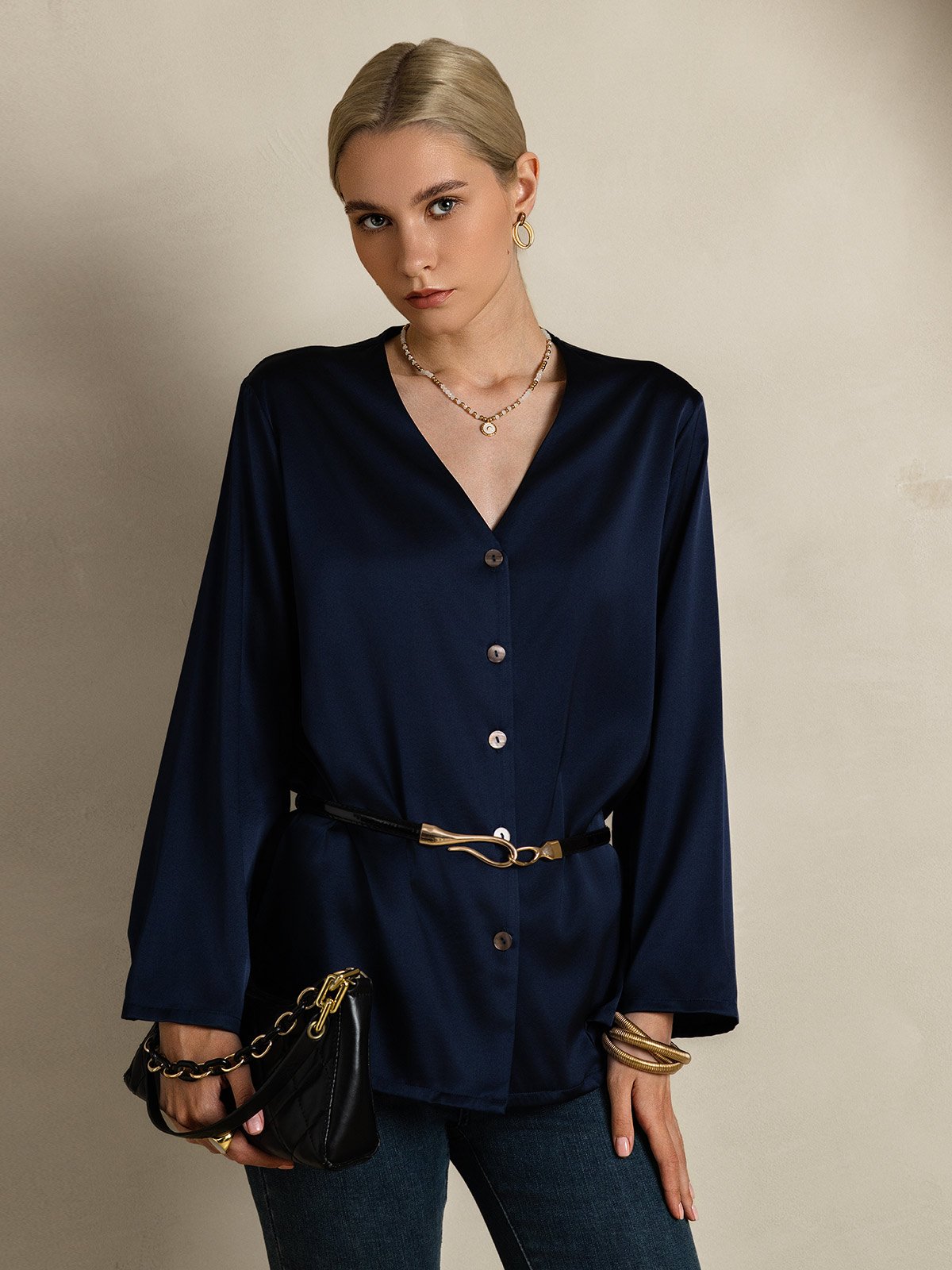 [Bleu Foncé] SilkSilky-FR 19Momme Soie Col en V Femme Chemise 004