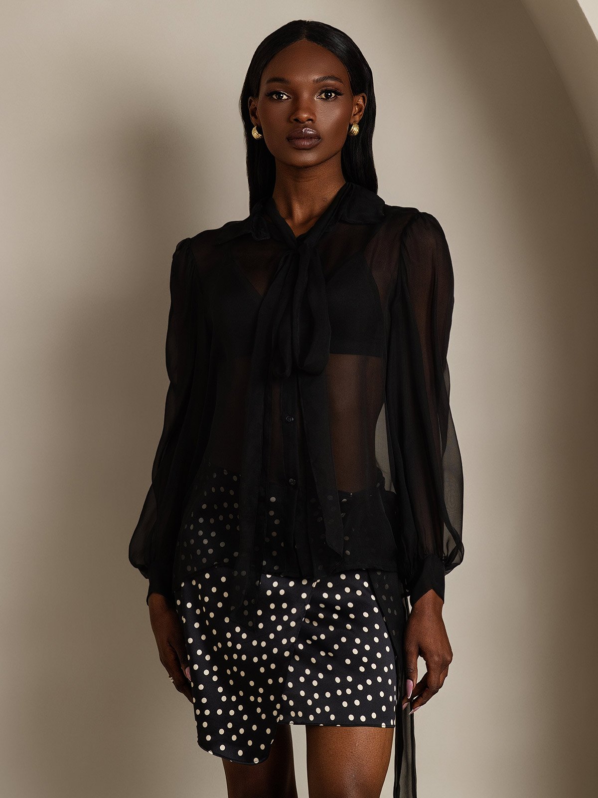 SilkSilky-FR Soie Manches longues Nœud à l'encolure Femme Chemise Noir 005