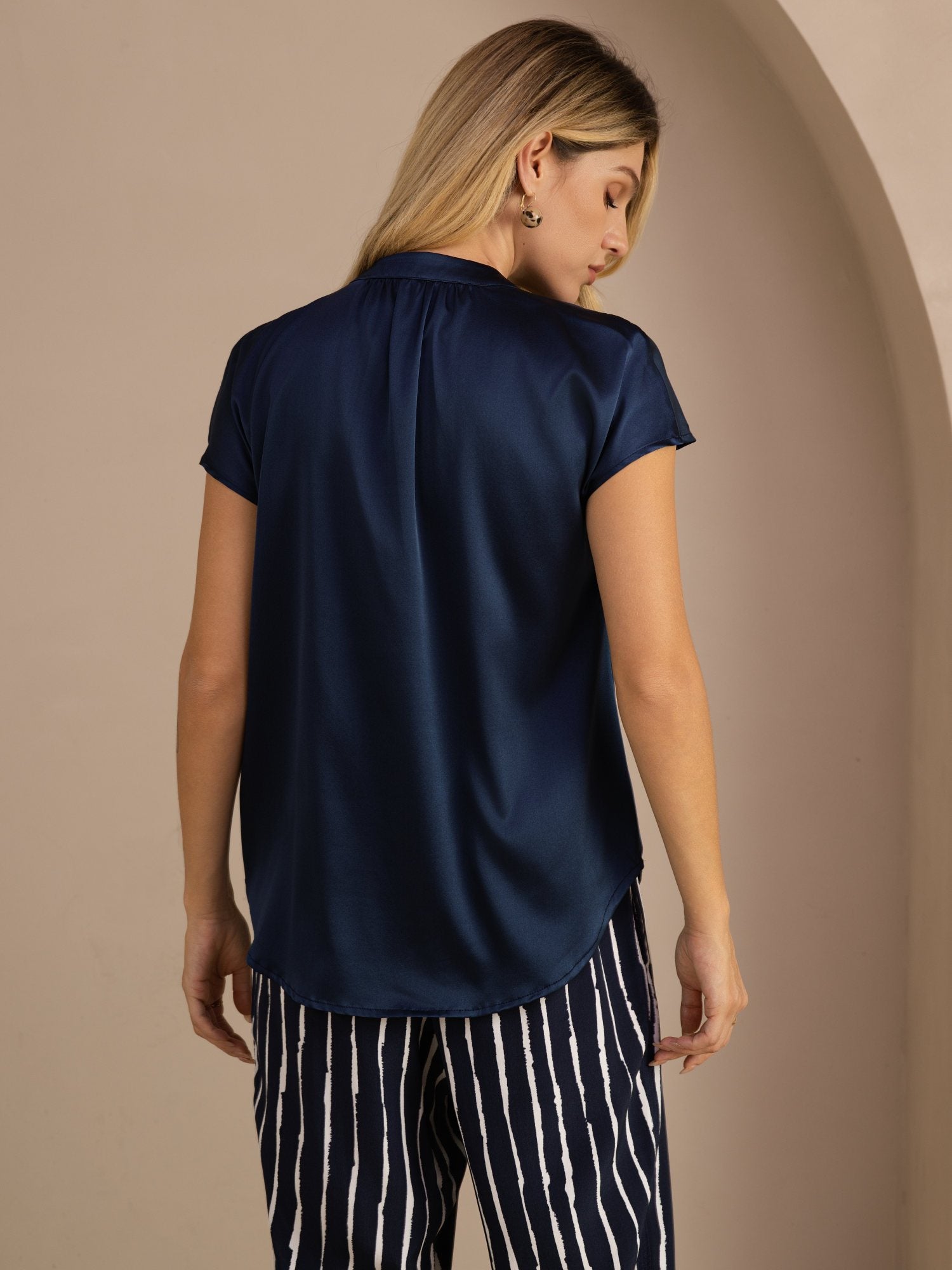 [Bleu Foncé] SilkSilky-FR Short Sleeve Blouse 002