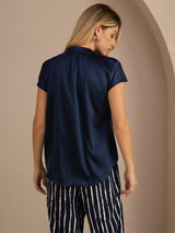 [Bleu Foncé] SilkSilky-FR Short Sleeve Blouse 002