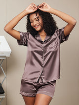 [Café] SilkSilky-FR Short Sleeve Lapel Collar Femme Pyjamas 002