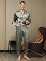 [Vert Grisâtre] SilkSilky-FR Pure Soie Manches longues Revers Homme Pyjamas 007