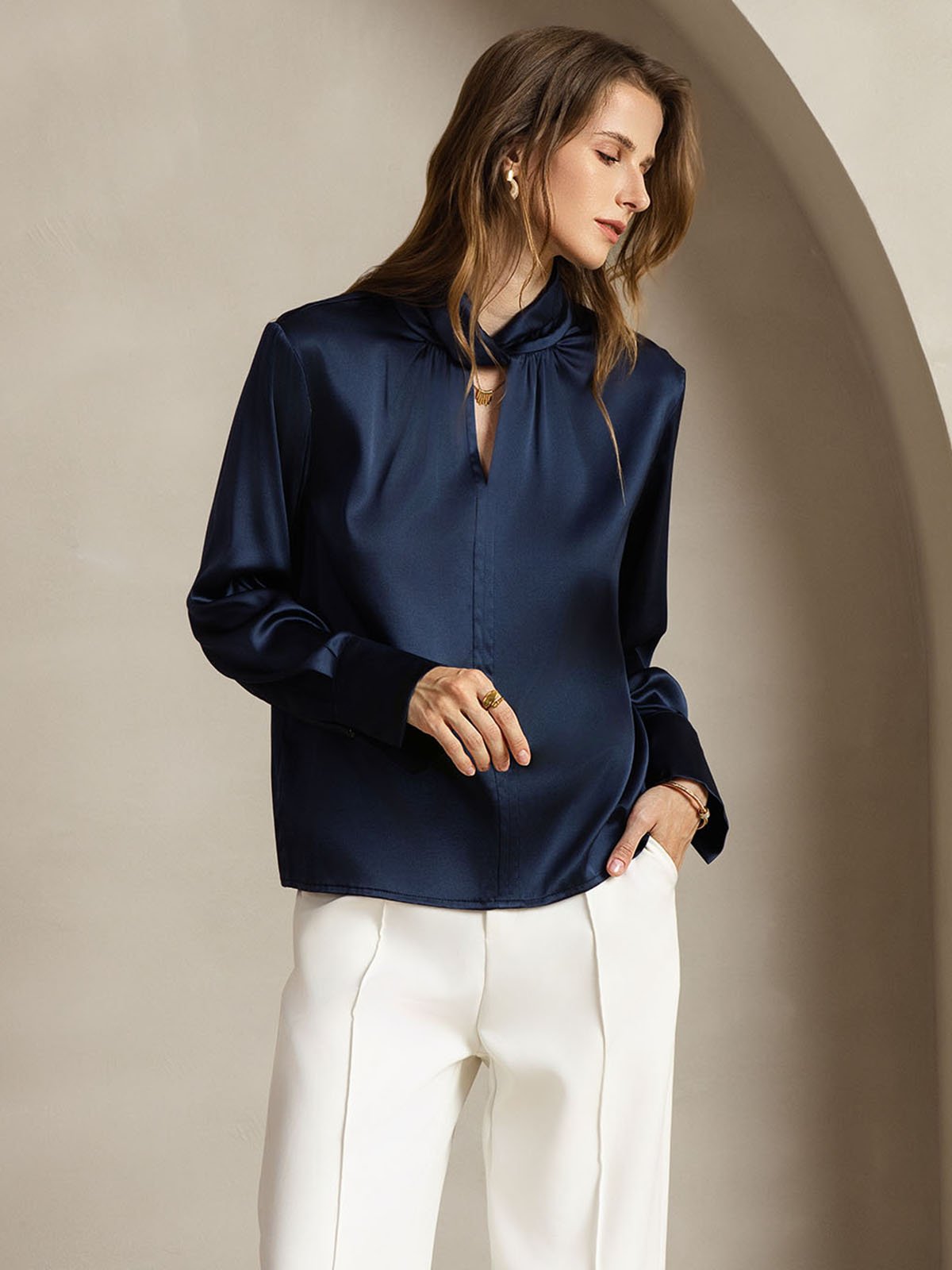 [BleuFoncé] SilkSilky-FR 19Momme Soie Womens Shirt 006