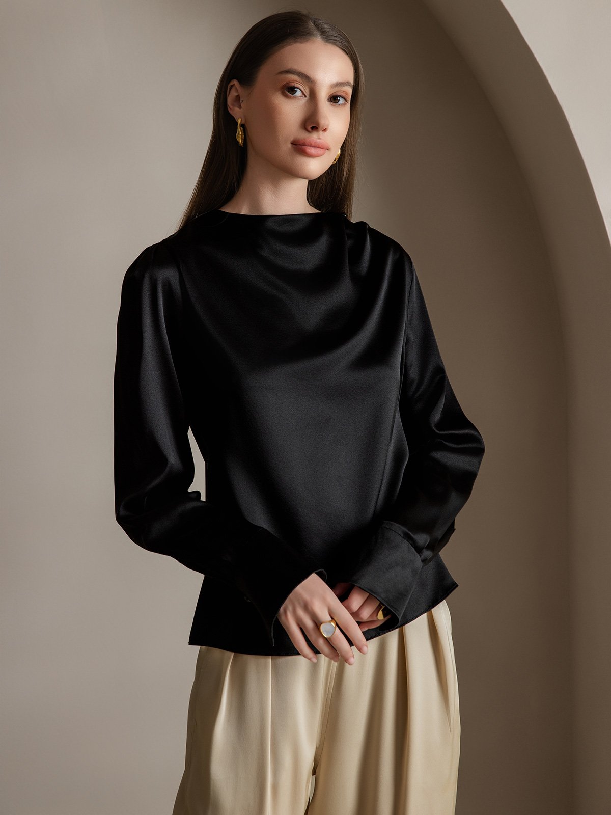 [Noir] SilkSilky-FR 19Momme Soie Womens Shirt 003