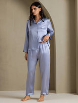 [Bleu Acier] SilkSilky-FR Long Sleeve Lapel Collar Femme Pyjamas 003