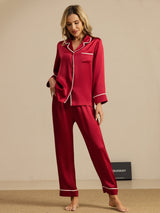 [Rouge Vineux] SilkSilky-FR Manches longues Col Cranté Femme Pyjamas 006