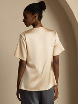 [Champagne] SilkSilky-FR Short Sleeve Cowl Neck Blouse 002