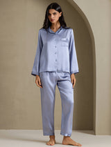 [Bleu Acier] SilkSilky-FR Long Sleeve Lapel Collar Femme Pyjamas 006