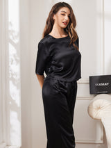 [Noir] SilkSilky-FR Half Sleeve Round Neck Femme Pyjamas 003