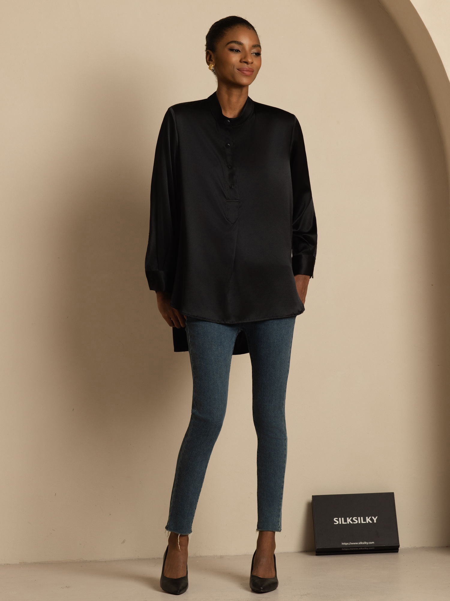 [Noir] SilkSilky-FR 19Momme Soie Manches longues Col Montant Blouse 006