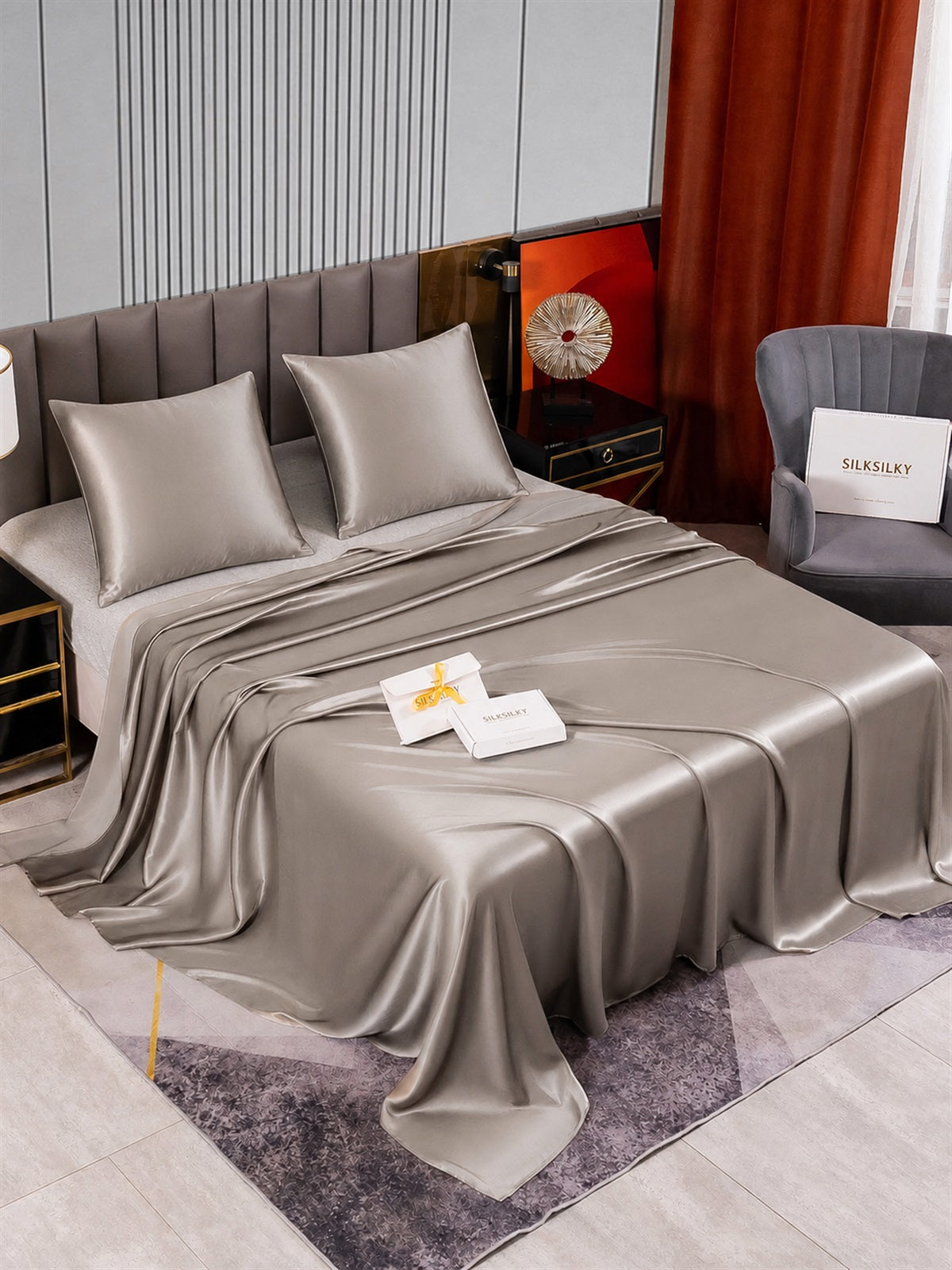 [Gris] SilkSilky-FR Parure de Lit Soie 002