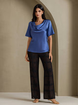 [Bleu Canard Véritable] SilkSilky-FR Short Sleeve Cowl Neck Blouse 006