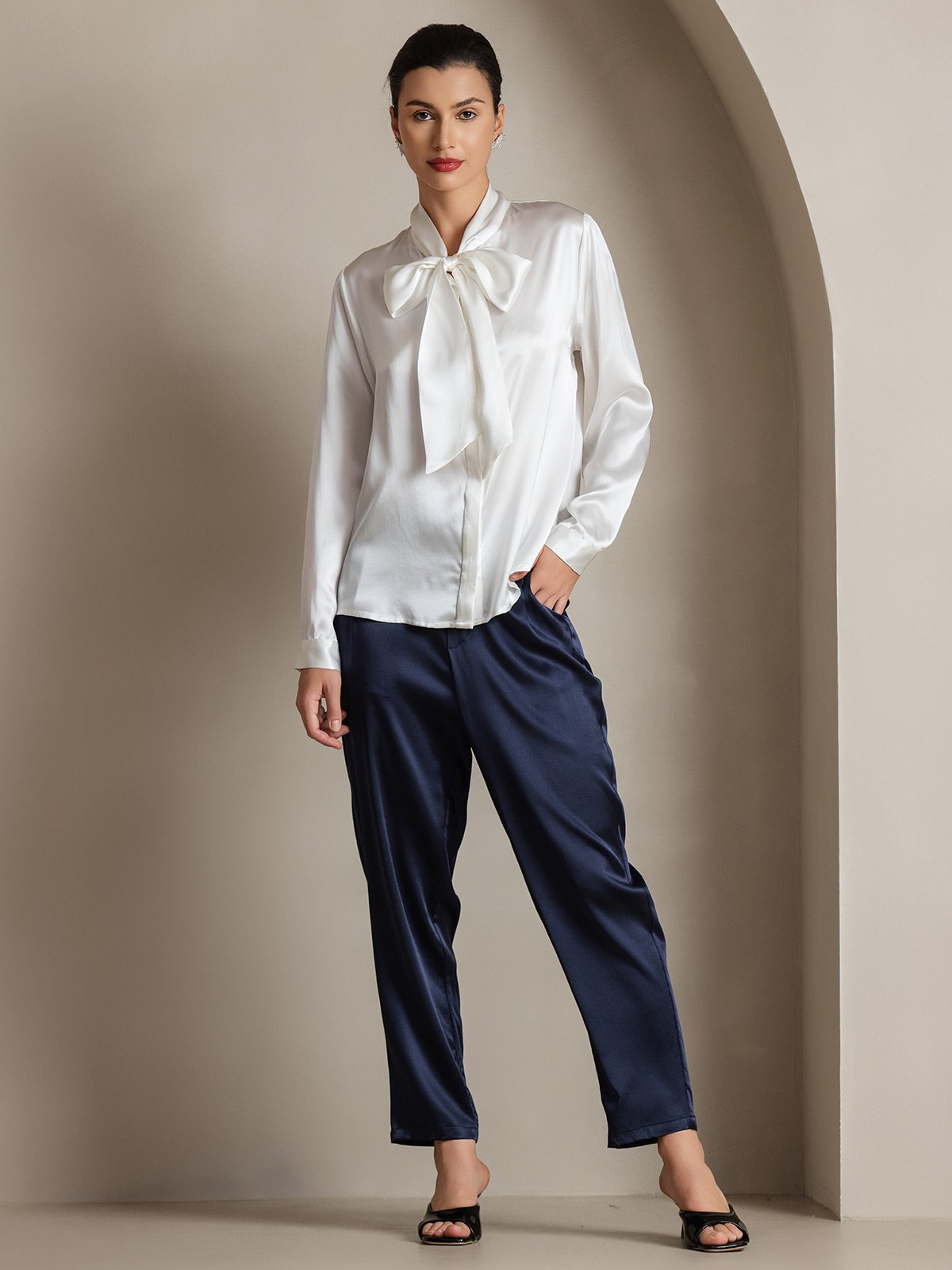 [Blanc] SilkSilky-FR 19Momme Manches longues À Nouer Blouse 005