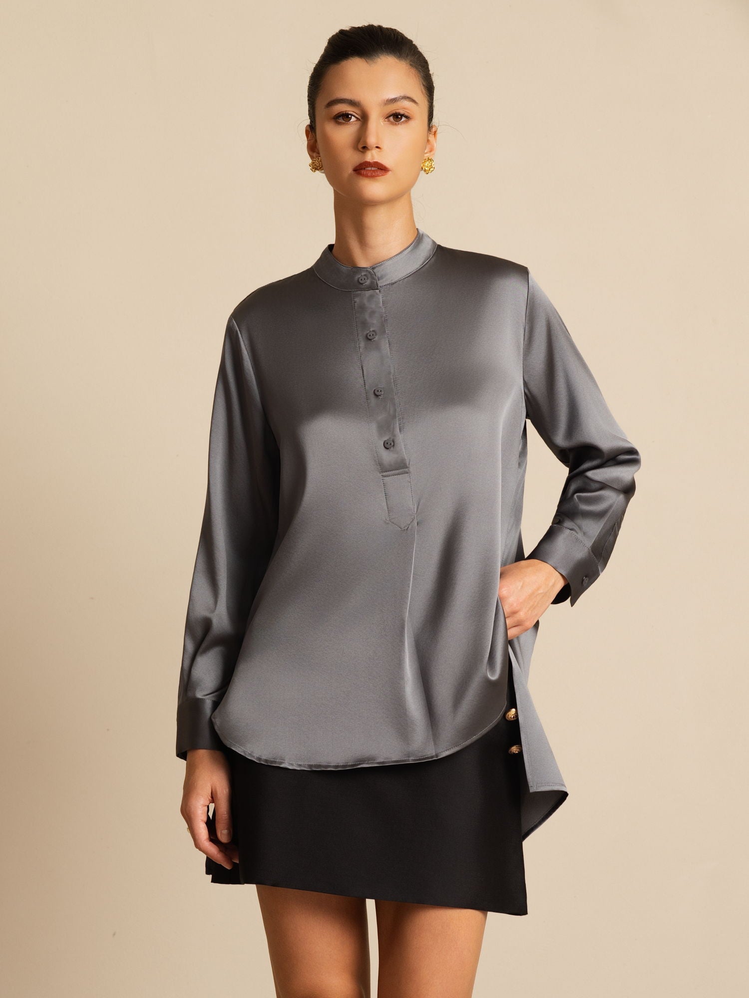 [Gris Foncé] SilkSilky-FR 19Momme Soie Manches longues Col Montant Blouse 001