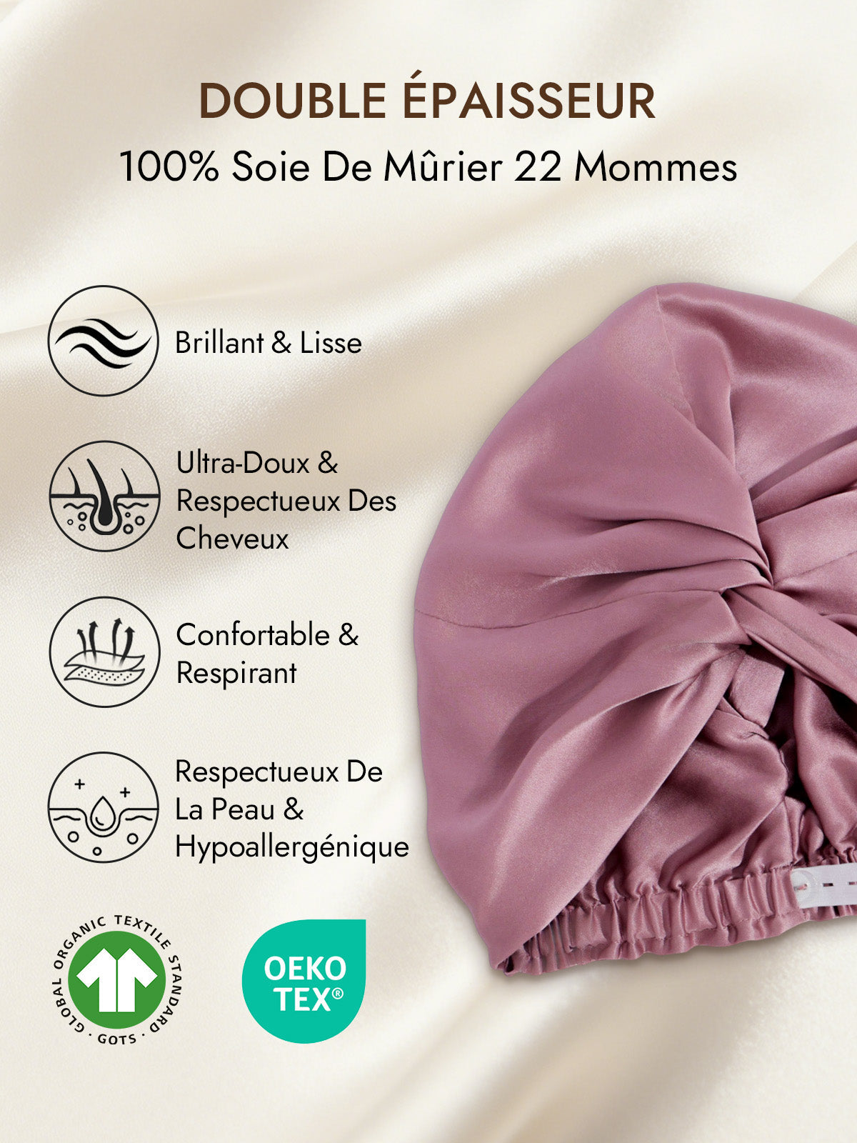 [Mauve Pâle] SilkSilky-FR 22Momme Pure Soie Sleep Cap 002