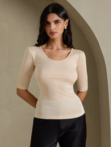 [Beige] SilkSilky-FR Half Sleeve Femme T-Shirt 001