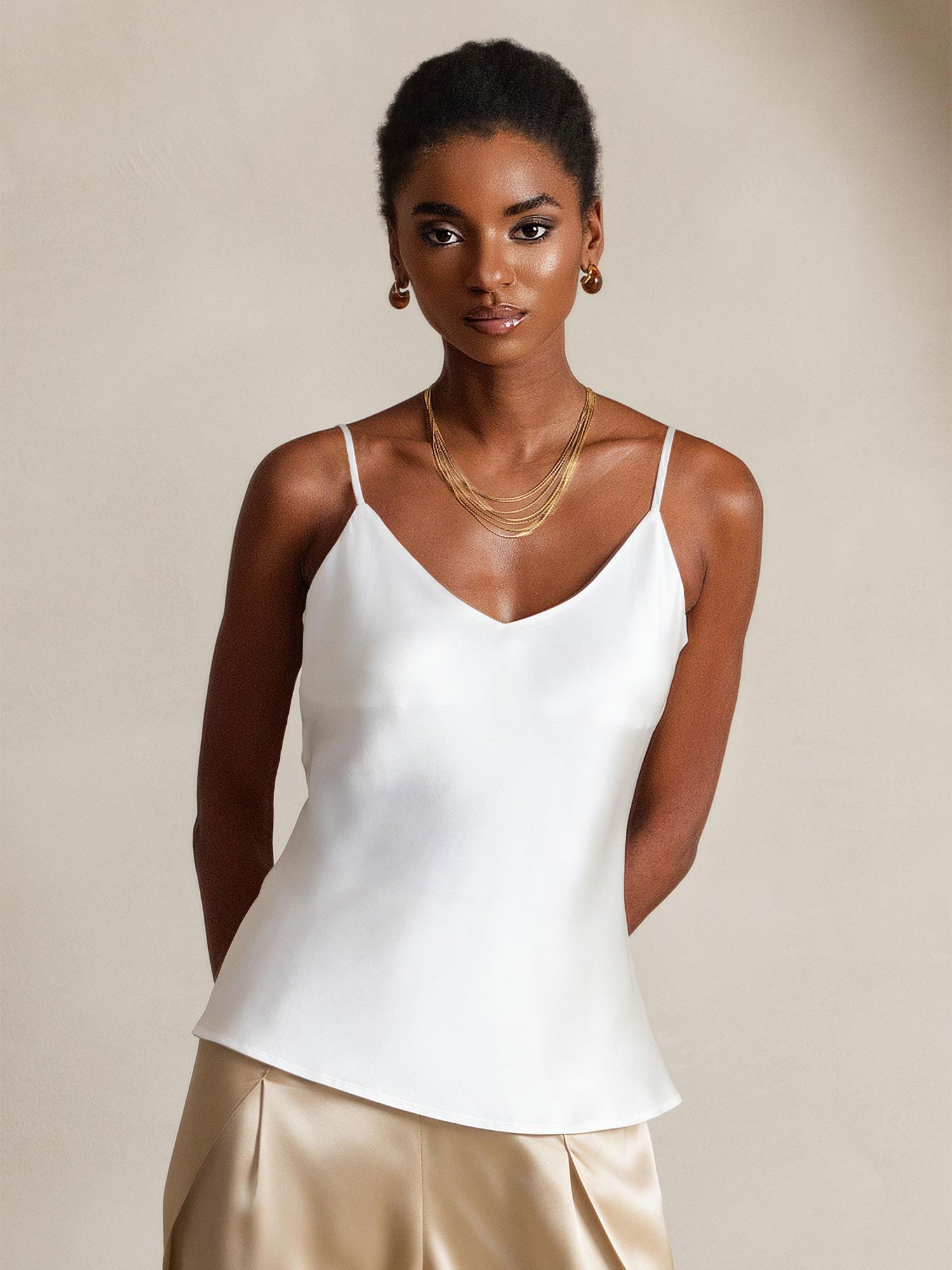 [Blanc] SilkSilky-FR Spaghetti Strap V Neck Top À Fines Brides 001