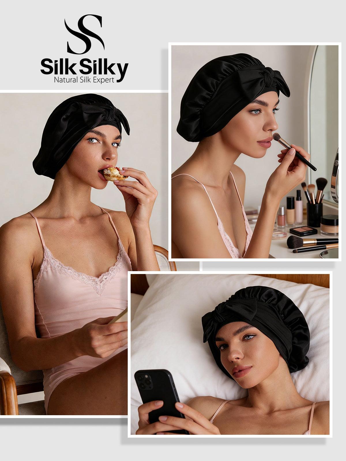 [Noir] SilkSilky-FR Soie Sleep Cap 005
