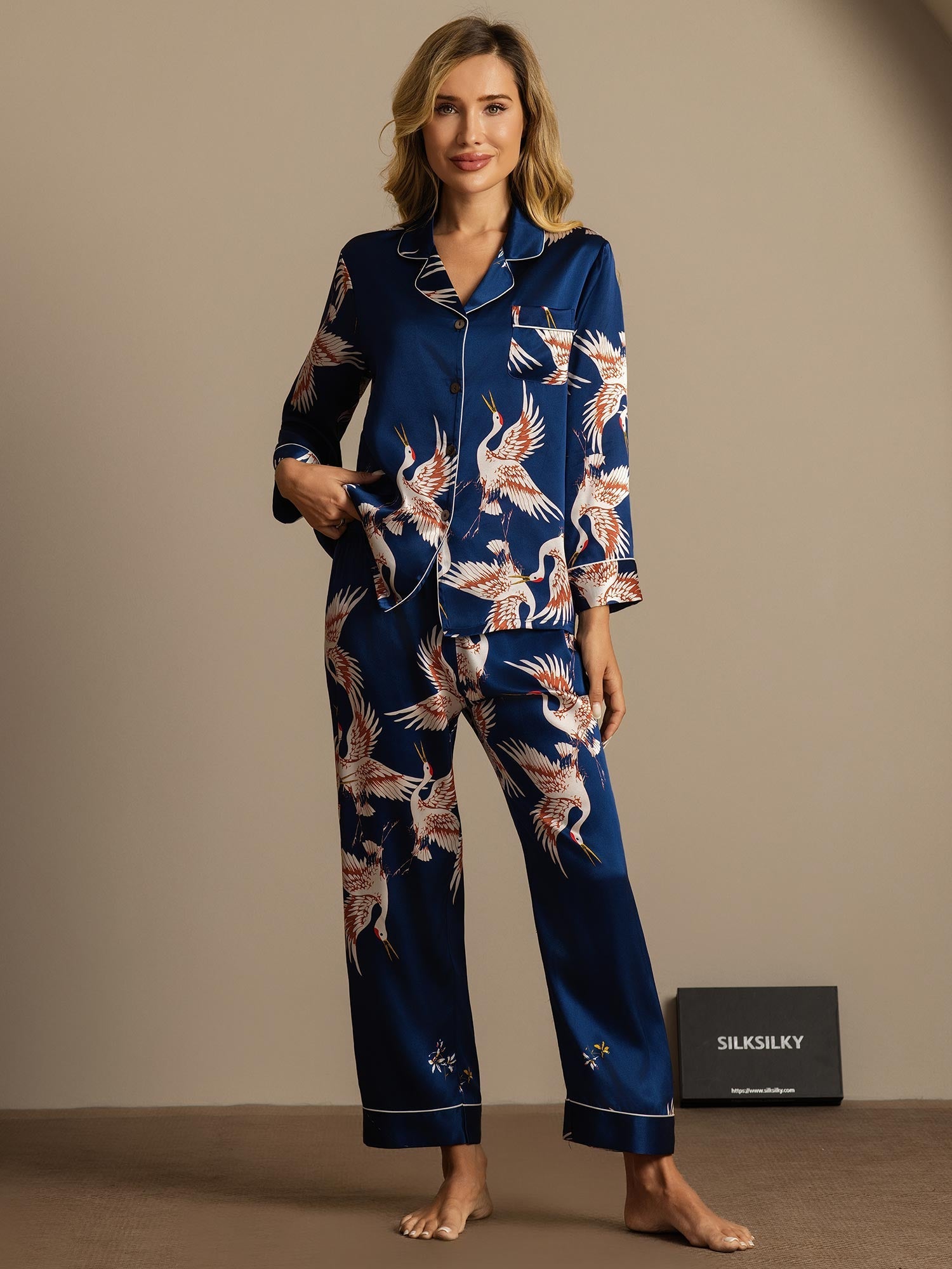 [Bleu Foncé] SilkSilky-FR 19Momme Pure Soie Womens Pajamas 004,