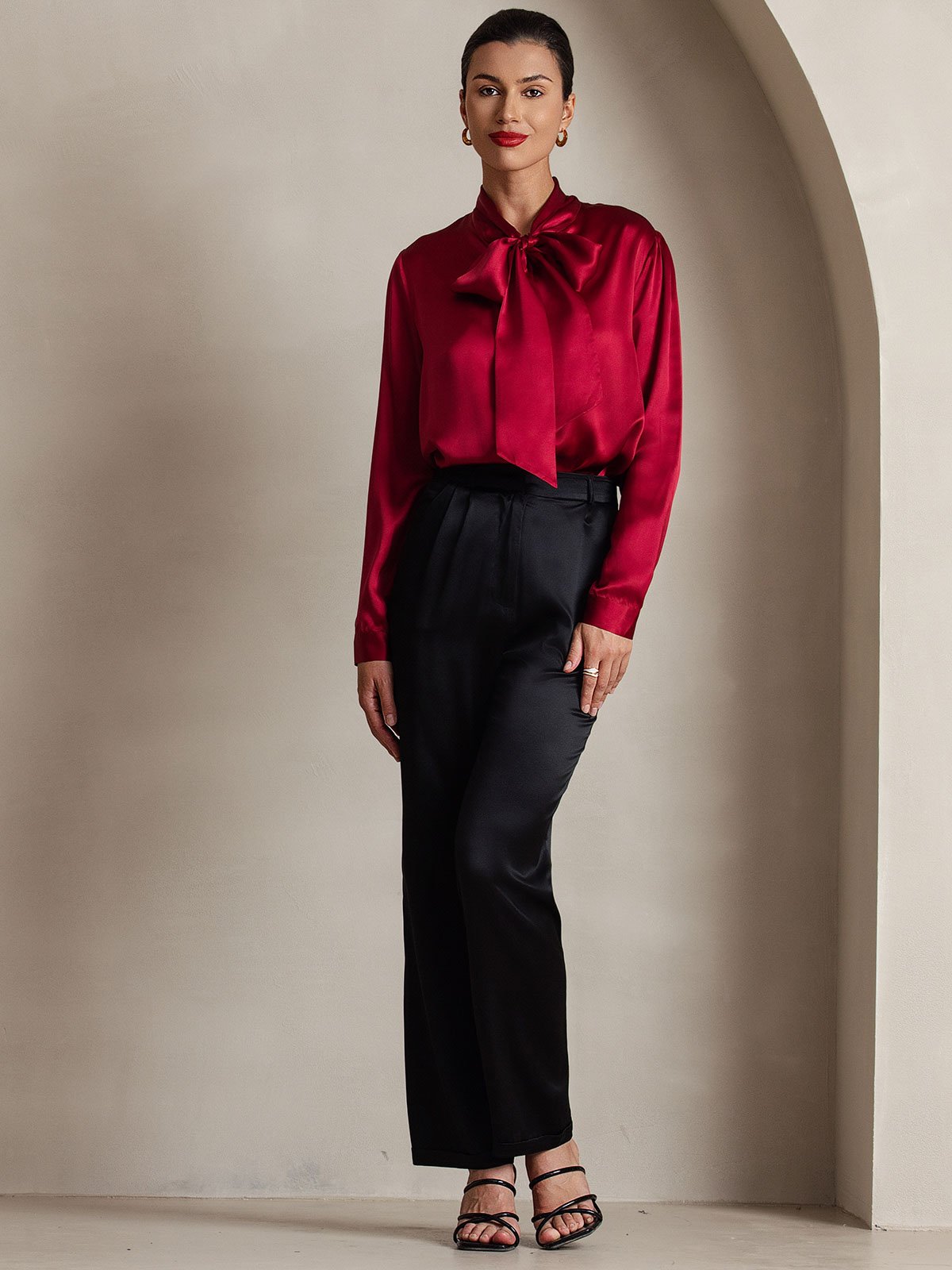 [Rouge Vineux] SilkSilky-FR 19Momme Manches longues À Nouer Blouse 006