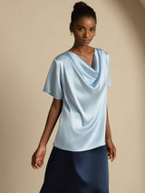 [Bleu Grisâtre] SilkSilky-FR Short Sleeve Cowl Neck Blouse 005