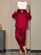 [Rouge Vineux] SilkSilky-FR Pure Soie Manches longues Revers Homme Pyjamas 003