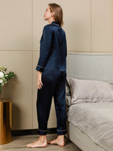[Bleu Foncé] SilkSilky-FR Long Sleeve Lapel Collar Femme Pyjamas 004