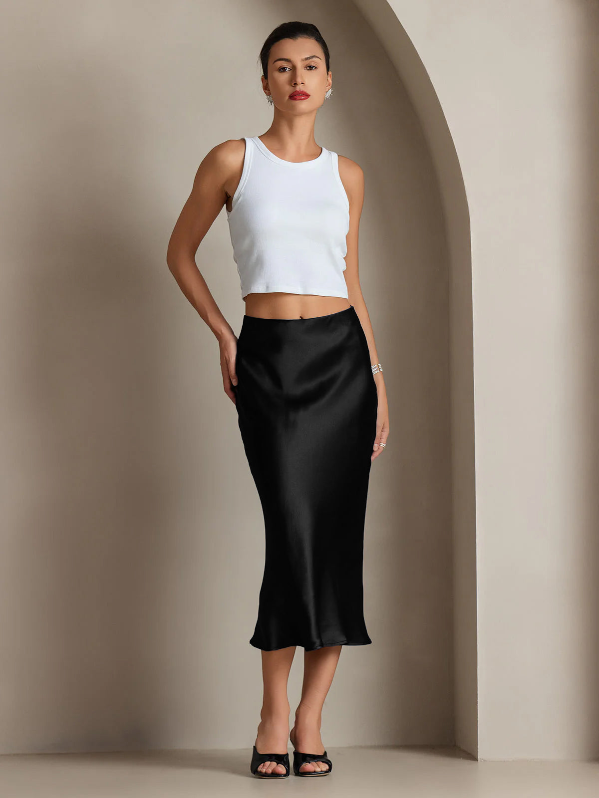 [Noir] SilkSilky-FR 19Momme Pure Soie Skirt 004,