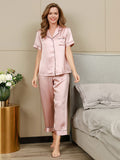 SilkSilky FR Pure Soie Manches courtes Revers Femme Pyjamas Rose 004