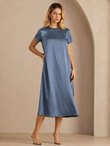 [Bleu Canard Véritable] SilkSilky-FR Short Sleeve Crew Neck Robes 001